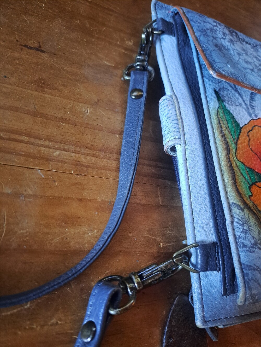 Anuschka Hand Painted Leather Crossbody Smartphone Wallet Orange Poppy Floral - Picture 9 of 13